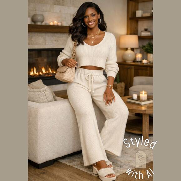 GB Cream Ribbed Knit Wide Leg Pants XS Cozy Lounge High Rise Drawstring - Picture 2 of 6